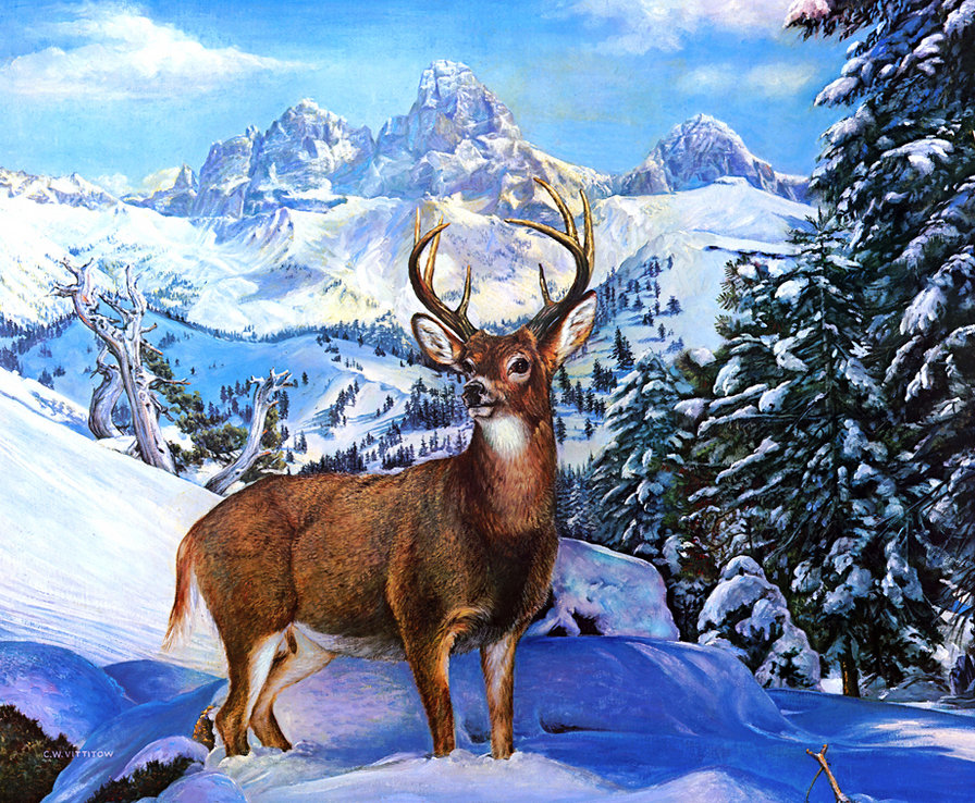 ОЛЕНЬ - олень, горы, зима, лес, снег, животные, зимний пейзаж - оригинал