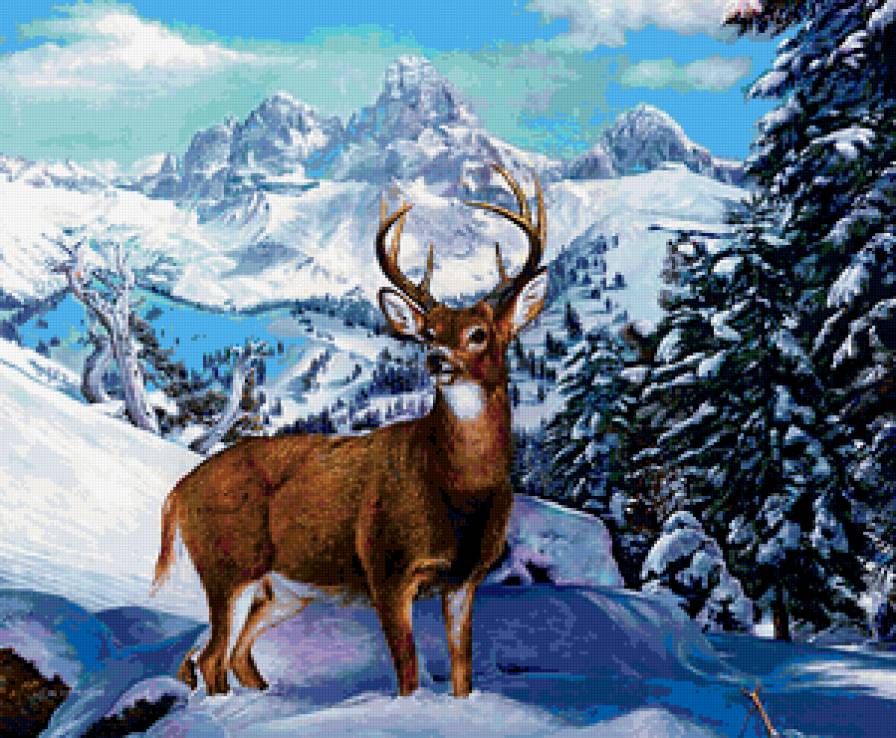 ОЛЕНЬ - зима, лес, животные, снег, горы, олень, зимний пейзаж - предпросмотр