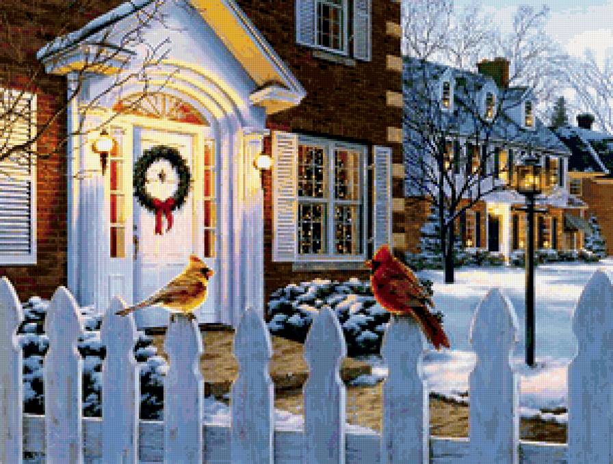 Рождественская ночь - птички, зима, снег, праздники, домик, зимний пейзаж, рождество - предпросмотр