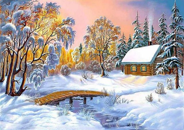 ЗИМНИЙ ПЕЙЗАЖ - мост, зима, домик, снег, лес, зимний пейзаж - оригинал