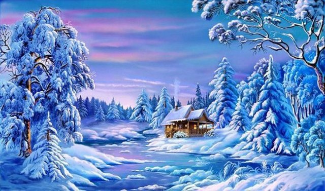 Зимний пейзаж - зимний пейзаж, зимняя ночь, лес, снег, времена года, зима, домик - оригинал