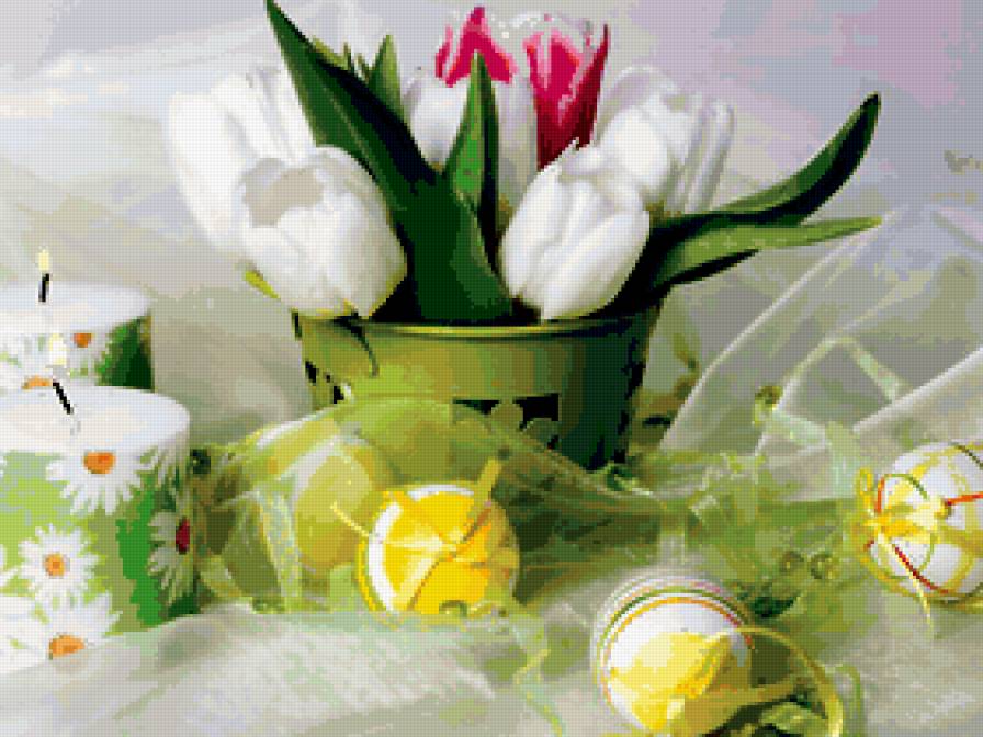 ПАСХА - цветы, пасха, праздники, тюльпаны, композиция, свечи, яйцо - предпросмотр