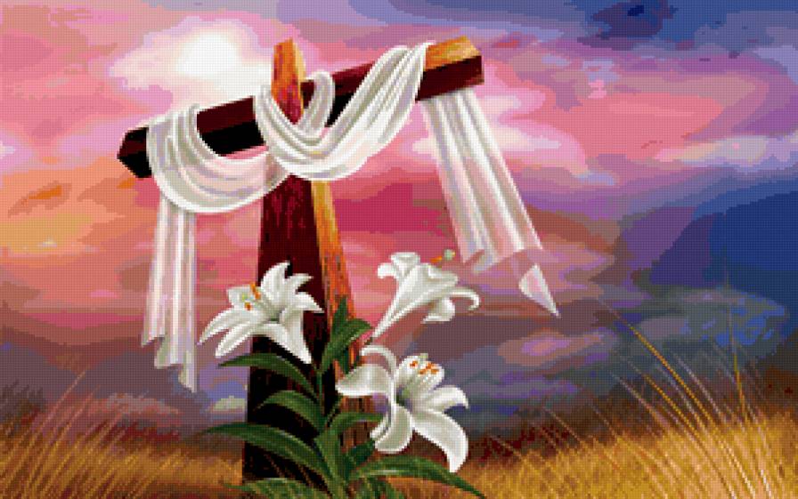 ПАСХА - небо, крест, композиция, праздники, пасха, лилии, цветы - предпросмотр