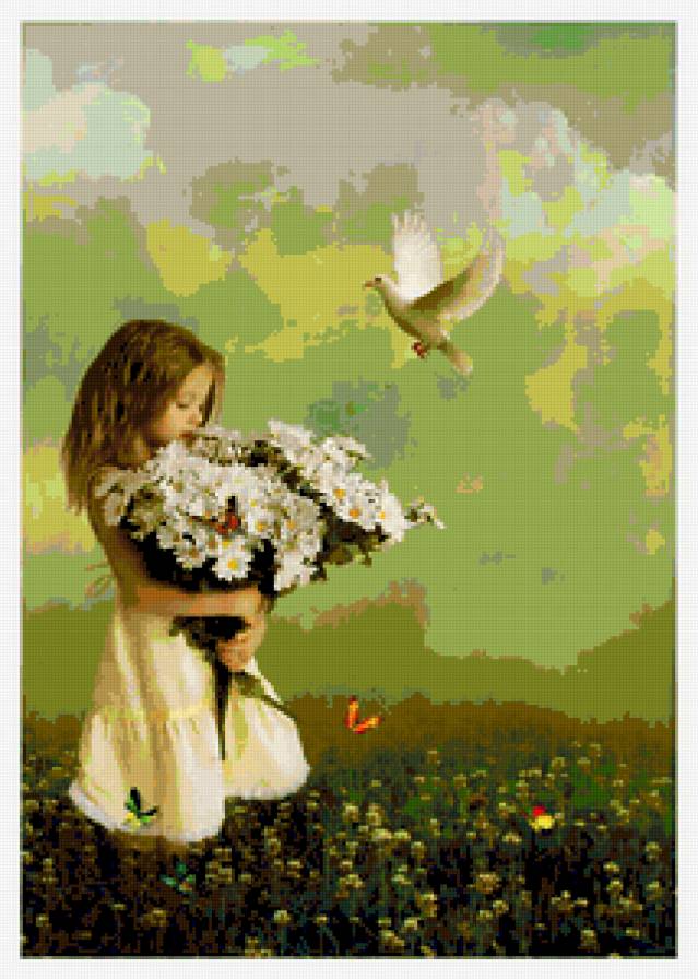 ребёнок - голубь, девочка, природа, цветы, ребенок, бабочка - предпросмотр