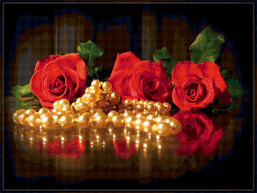 РОЗЫ - романтическая ночь, красные розы, романтика, подарок, жемчуг - предпросмотр