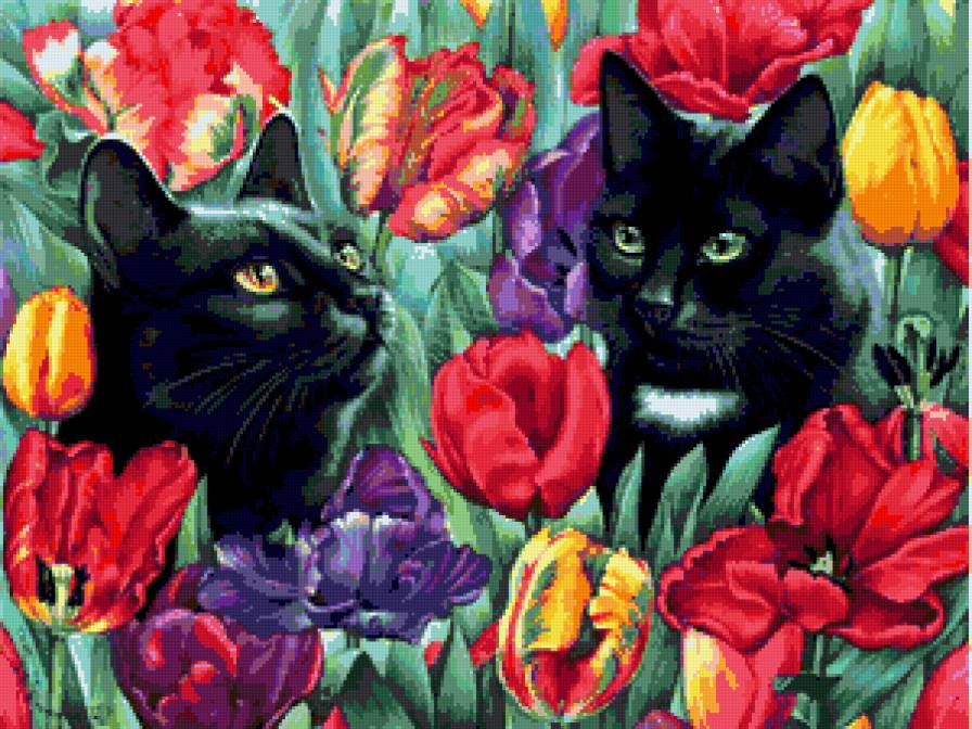 №218946 - цветы, кошки, картина - предпросмотр