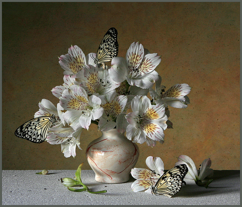Натюрморт с бабочками. - бабочки, цветы, натюрморт, букет - оригинал