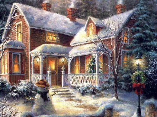 Зимний домик - зима, снеговик, дом - оригинал