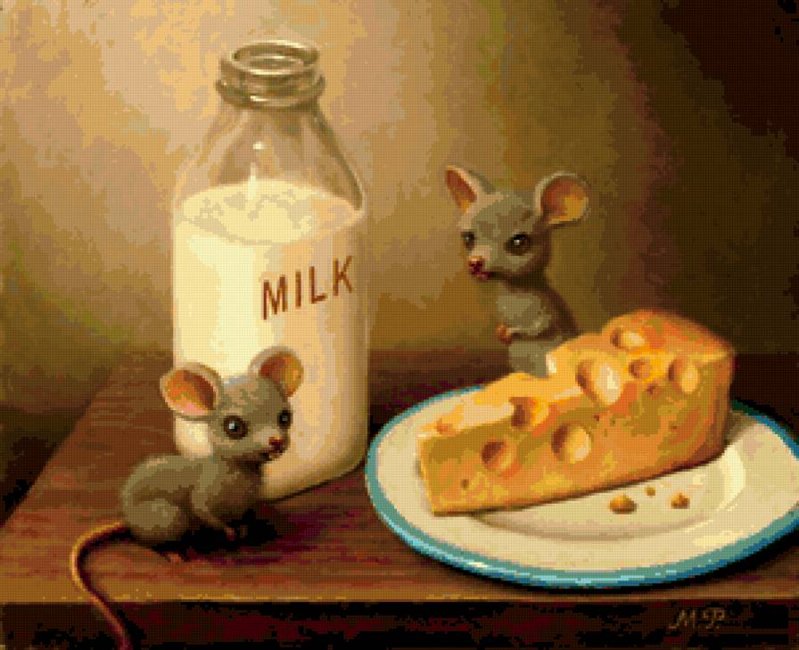 Сытный завтрак - прикол, мышь, сыр, завтрак, животные, картина, молоко, мыши, юмор - предпросмотр