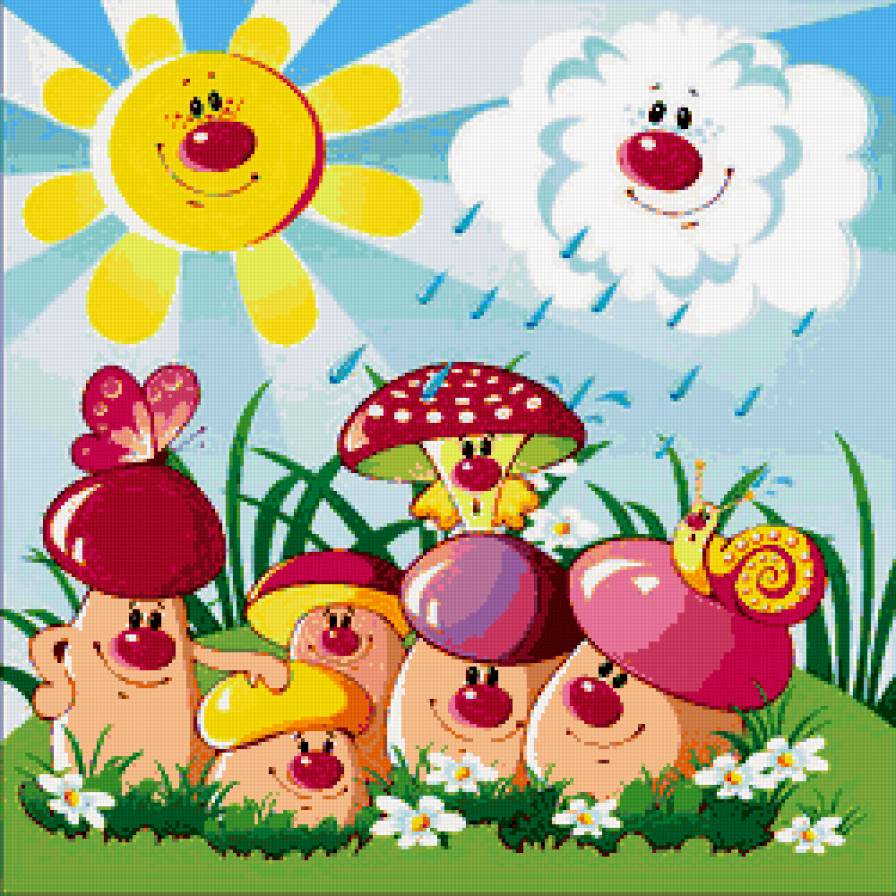 грибочки - грибы, природа, детям, дождь, мухомор, солнце, подушка, мультик, детская - предпросмотр