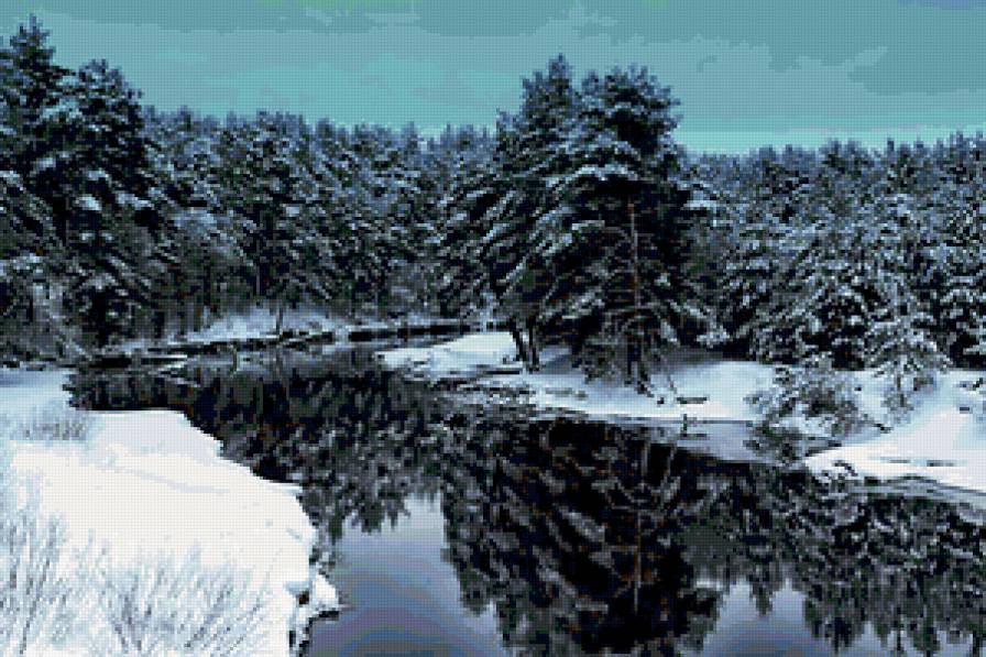 зимний пейзаж - зима, отражение, небо, пейзаж, река, снег - предпросмотр