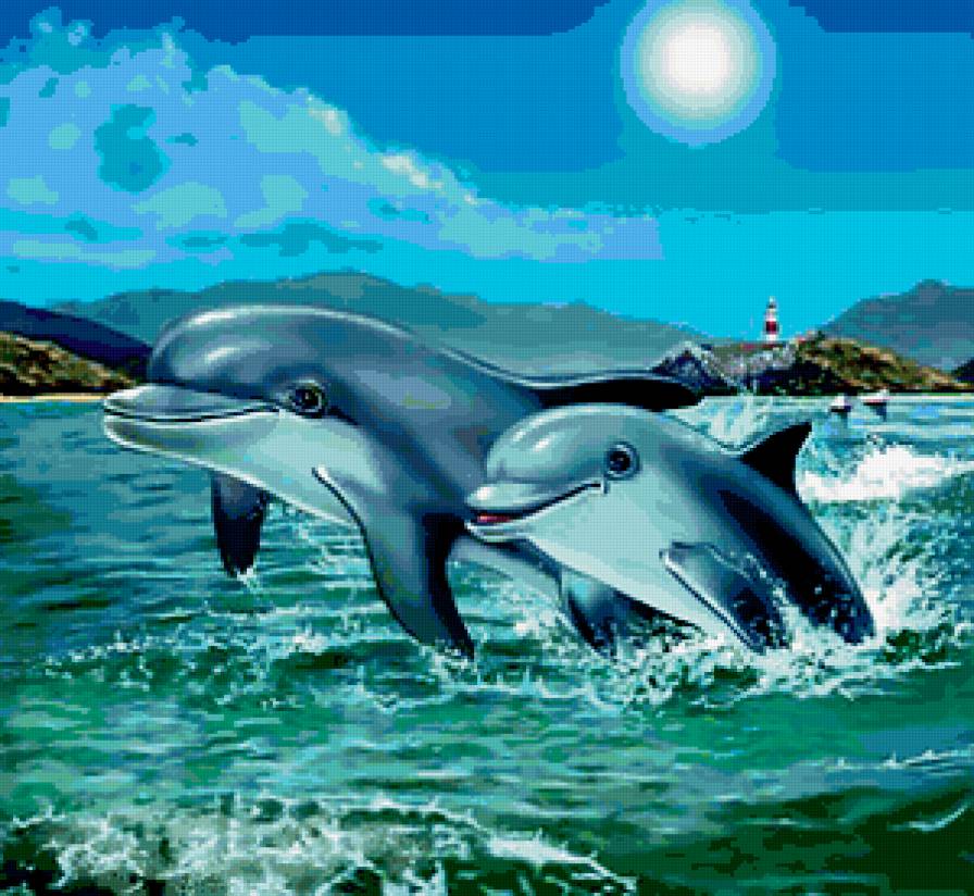 дельфины - маяк, природа, пейзаж, море - предпросмотр