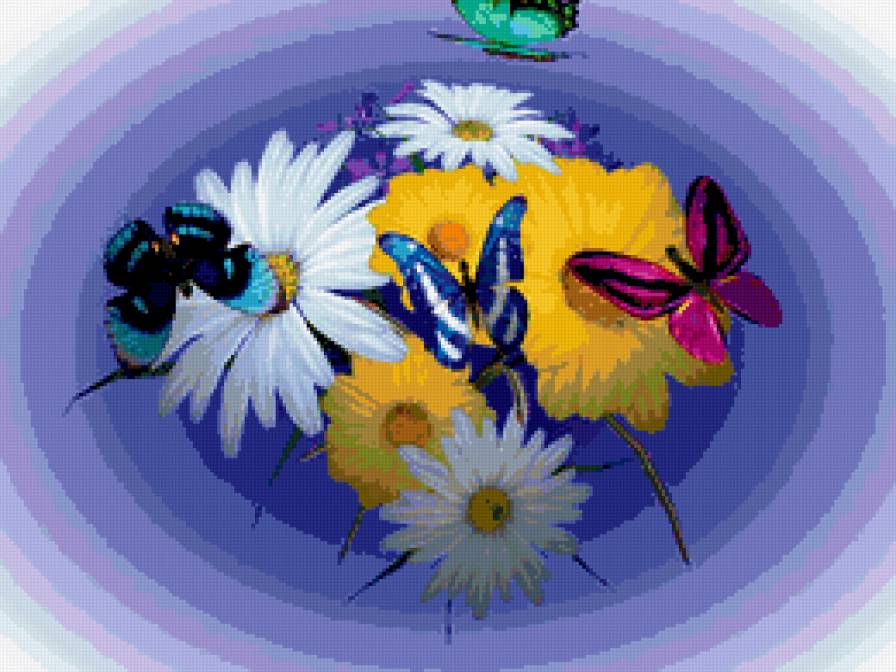 Цветы и бабочки - картина, бабочки, цветы - предпросмотр