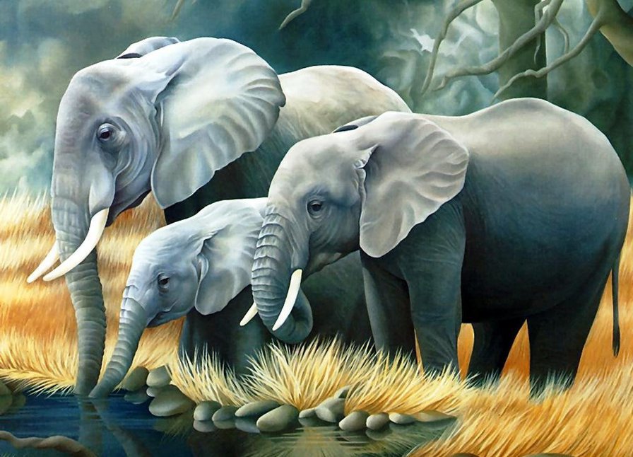 СЛОНЫ НА БЕРЕГУ ГАНГИ - слоны, живоные, индия, семейство слонов - оригинал
