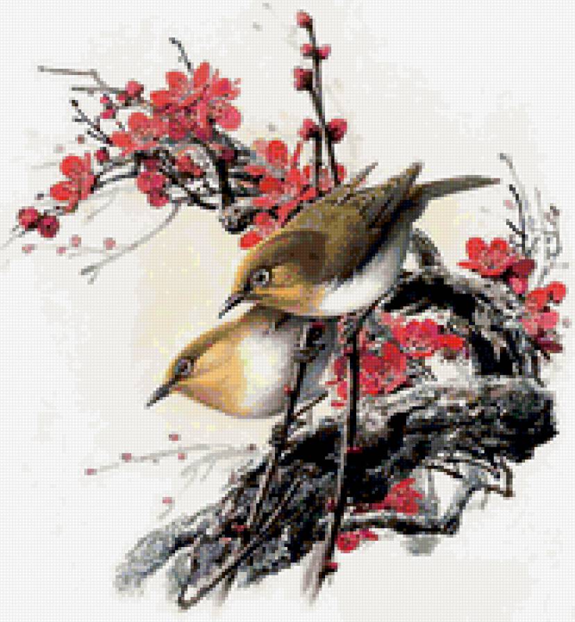 Птицы - природа, цветы, дерево, птица - предпросмотр