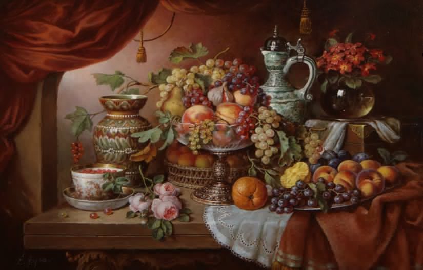 НАТЮРМОРТ - виноград, старинная посуда, цветы, фрукты - оригинал