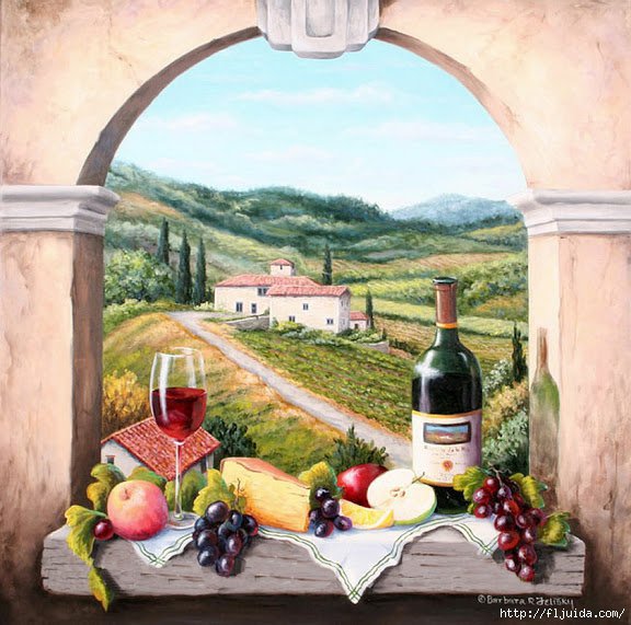 НАТЮРМОРТ - французское вино, виноград, арка, яблоко, окно в париж, бокал - оригинал