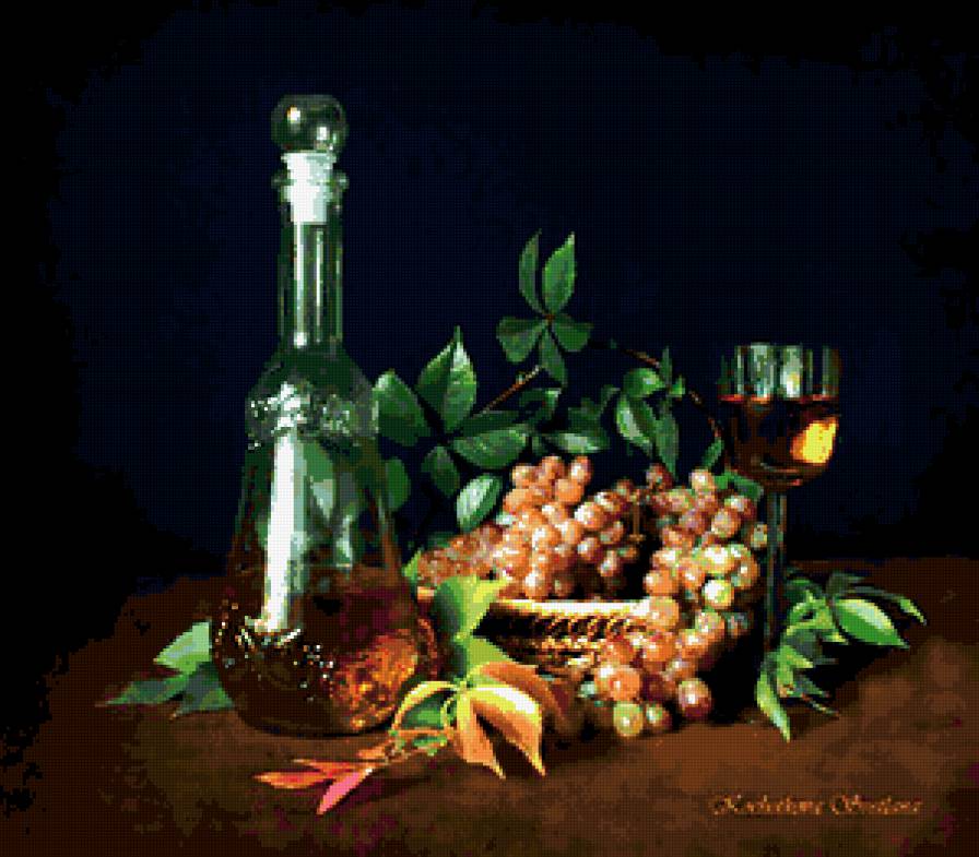 натюрморт - виноград, вино, фрукты, натюрморт, графин, бокал - предпросмотр