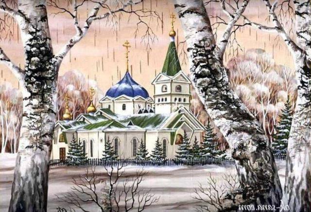 церковь - снег, церковь, пейзаж, религия, зима, березки, береза, березы - оригинал