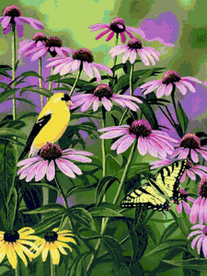 №224286 - птица, цветы, бабочка, картина - предпросмотр