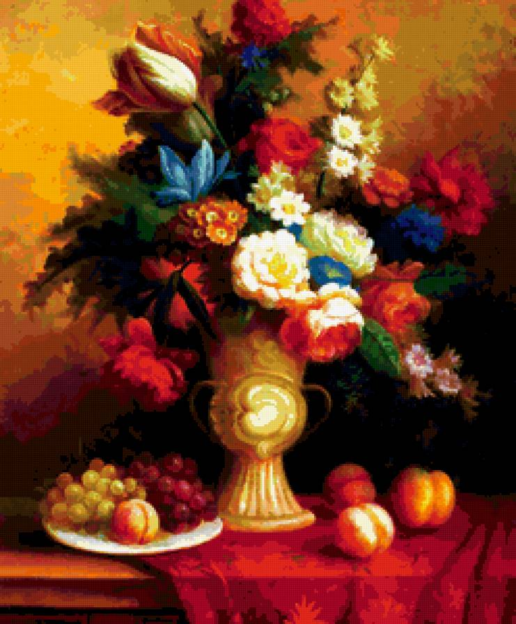 Цветы - ваза, цветы, фрукты, натюрморт - предпросмотр