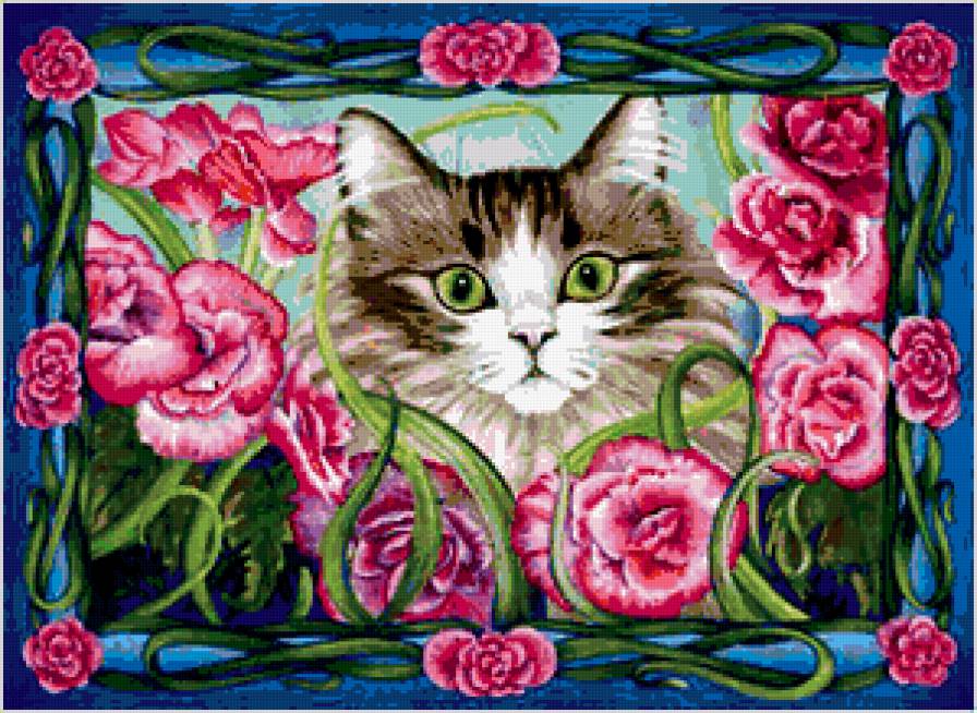 кошка - кошка, животные, цветы, муська, розы - предпросмотр