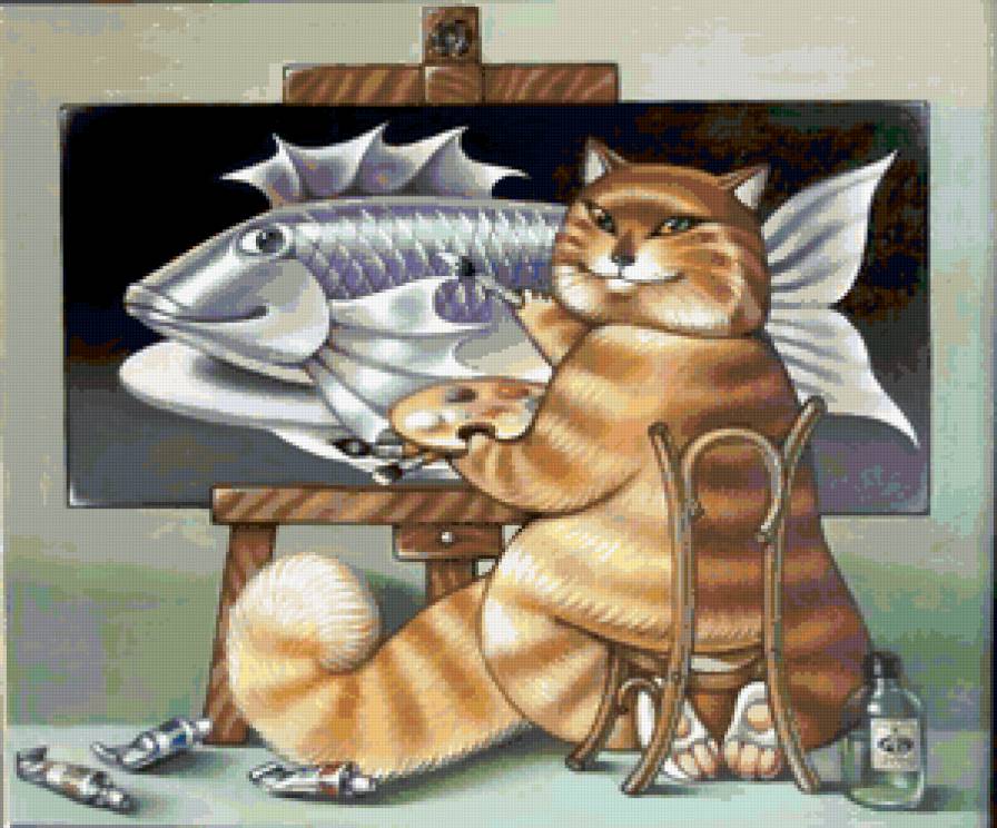 Кот-художник - рисунок, художник, кот, юмор, рыба - предпросмотр
