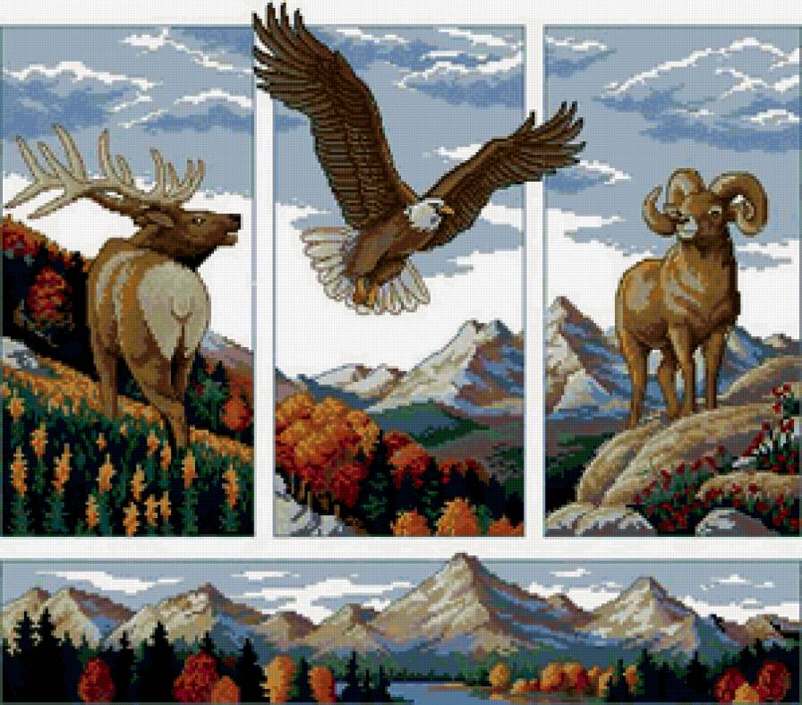 ТРИПТИХ, ДИПТИХ, ПОЛИПТИХ "РАЗНЫЕ МЕЛОДИИ" - горы, времена года. пейзаж, олень, триптих, муфлон, диптих, орел - предпросмотр