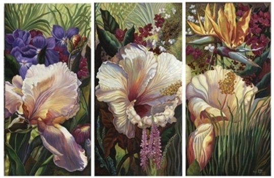 ТРИПТИХ "ЦВЕТЫ" - диптих, фиалки, триптих, лилии, цветы - оригинал