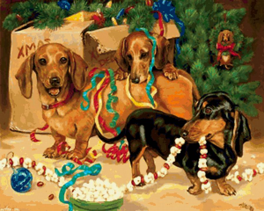 собаки празднуют - новый год, праздник, елка, щенки. собака - предпросмотр