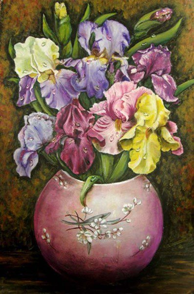 Ирисы в круглой вазе - букет, ирисы, ваза, живопись, весна, натюрморт, ирис, цветы - оригинал