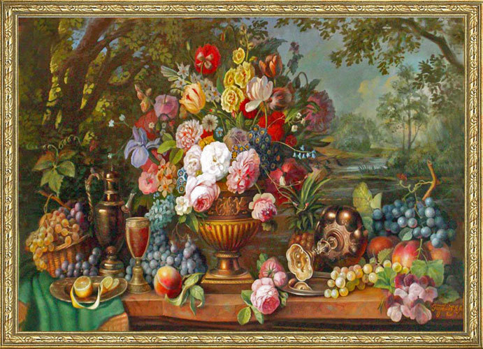 Натюрморт с цветами - для кухни, цветы, картина, на кухню, цветок, натюрморт, фрукты - оригинал