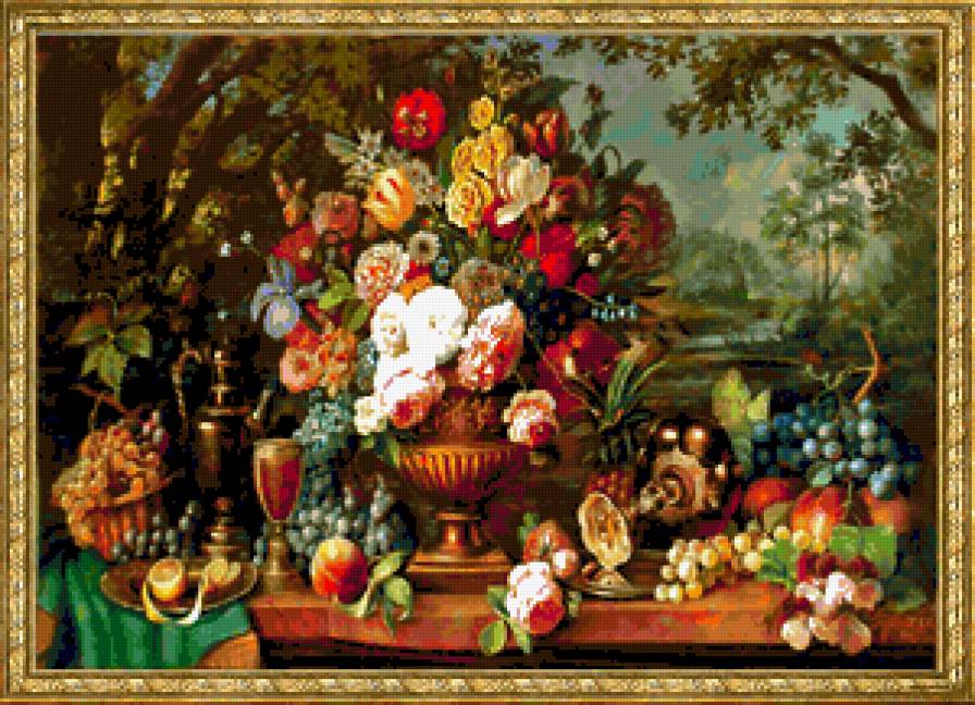 Натюрморт с цветами - цветы, натюрморт, на кухню, цветок, для кухни, картина, фрукты - предпросмотр