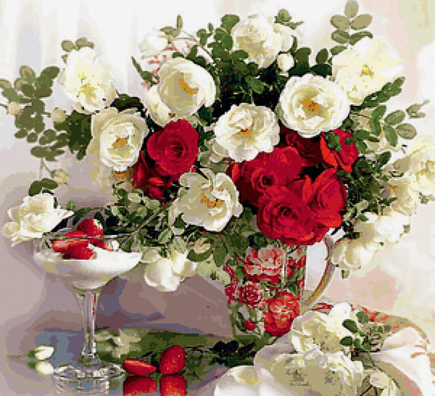Белые и алые розы - мороженое, клубника, розы, букет - предпросмотр