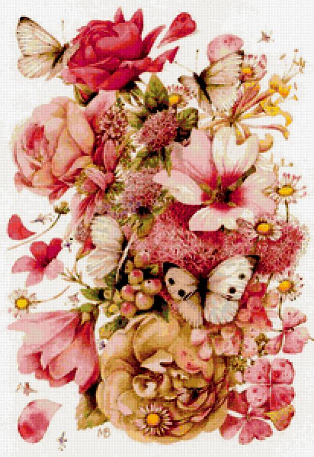 цветы и бабочки - картина, букет, бабочки, розы, цветы - предпросмотр