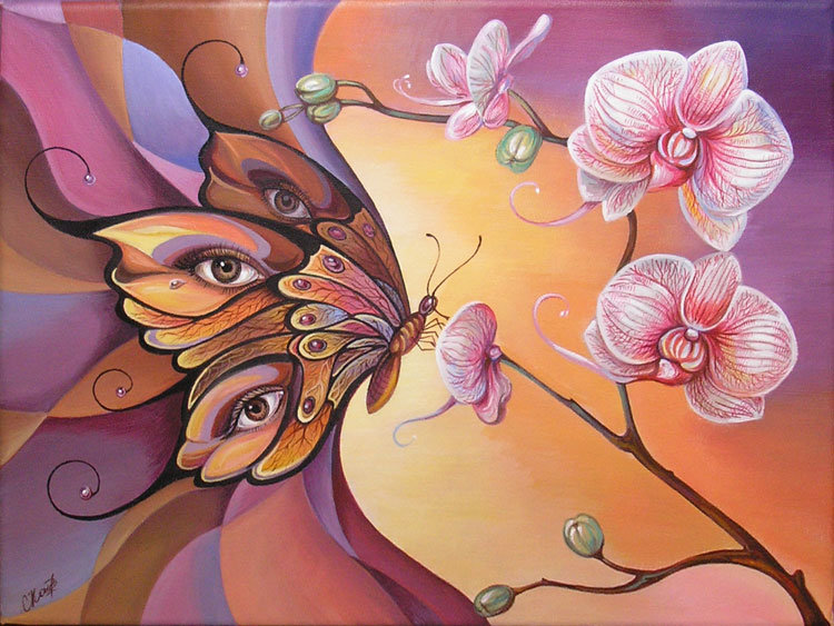 Картина - глаза, орхидея, бабочка, цветы - оригинал