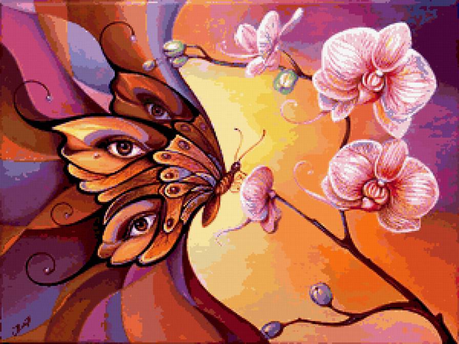 Картина - орхидея, бабочка, глаза, цветы - предпросмотр