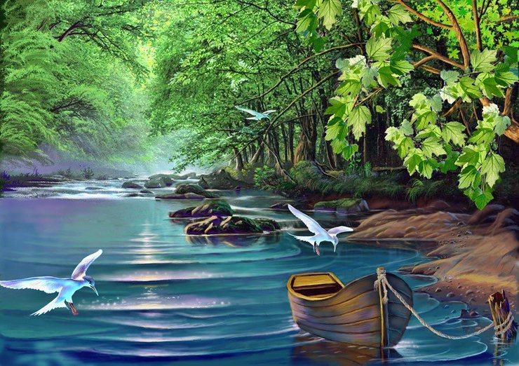 Пейзаж - река, пейзаж, чайка, лодка, лес - оригинал