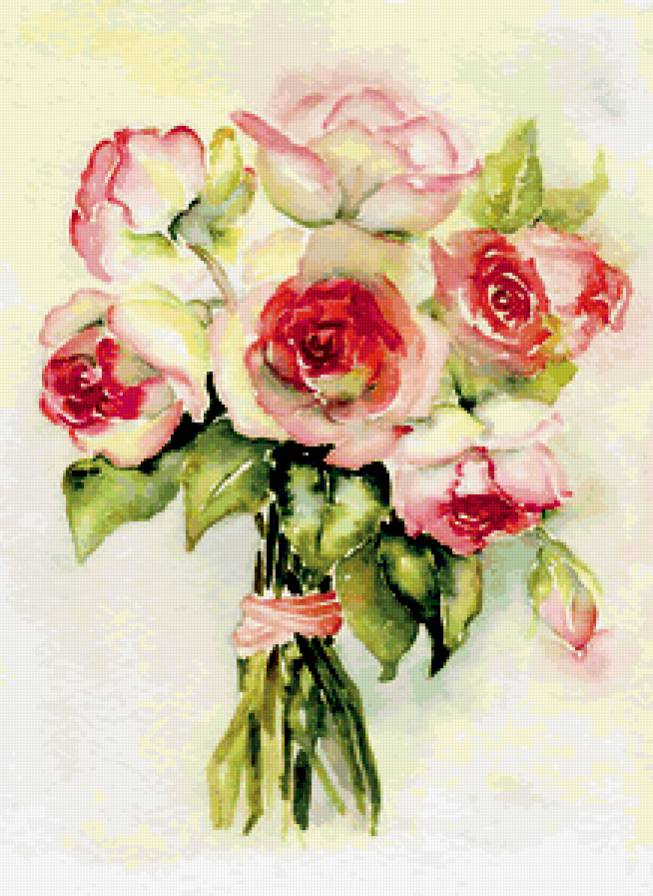 Нежный букет - цветы, акварель, живопись, розы - предпросмотр