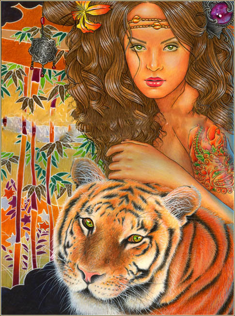 девушка и тигр - хищники, фентези, тигры, кошки, женщина, образ, животные, картина - оригинал