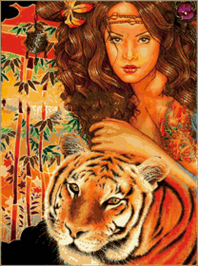 девушка и тигр - образ, фентези, кошки, хищники, женщина, тигры, животные, картина - предпросмотр