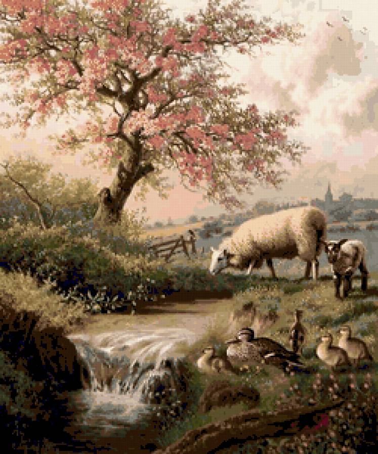 №228228 - животные, птицы, природа, деревенский пейзаж, картина - предпросмотр