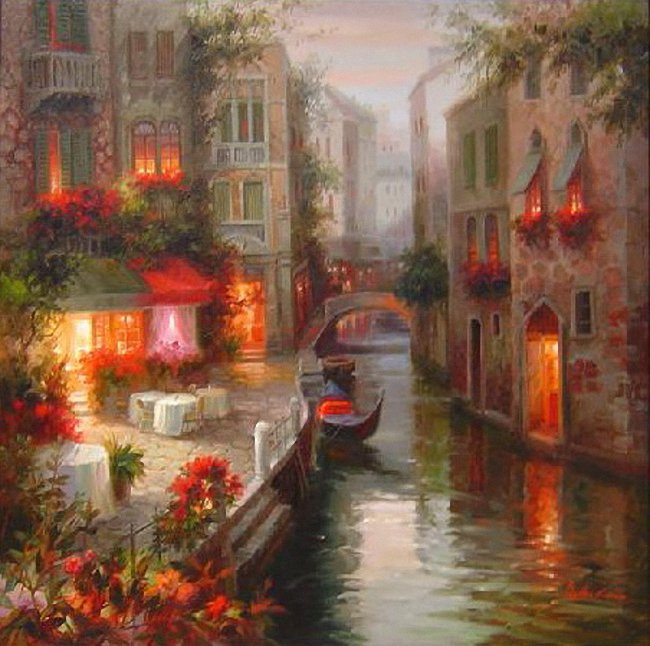 Вечер в Венеции. - цветы, городской пейзаж., венеция, город, вечер - оригинал