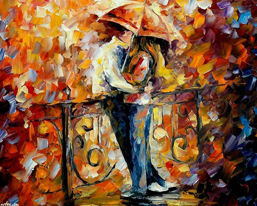 любовь - двое, осень, картина, поцелуй, дождь, прогулка, пара - оригинал