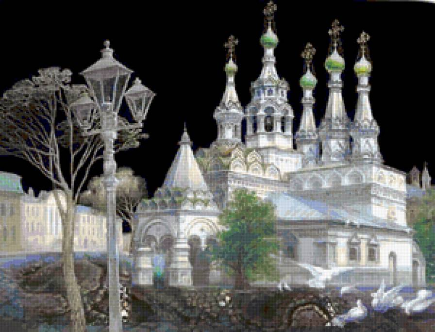 Белая церковь на чёрном - картина, небо, храм, церковь, религия, живопись, собор, купола - предпросмотр