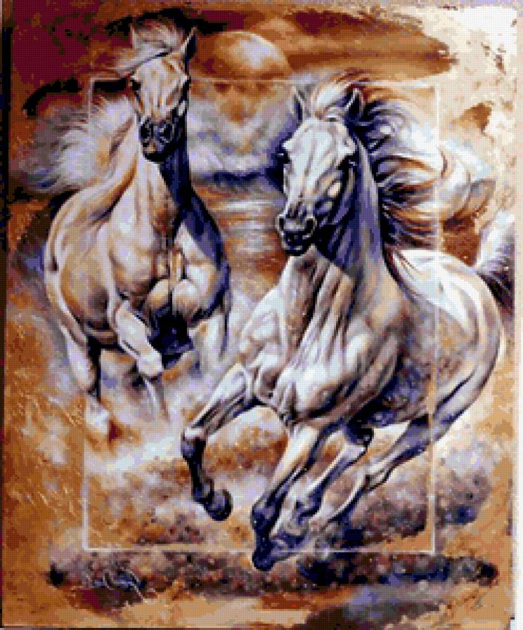 бегущие кони - живопись, жеребец, животные, лошадка, лошади, конь, кони, лошадь - предпросмотр