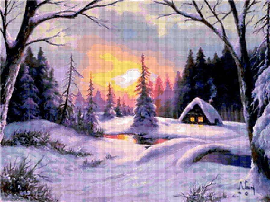 Зима - лес, природа, утро, снег, картина, пейзаж, зима, домик - предпросмотр
