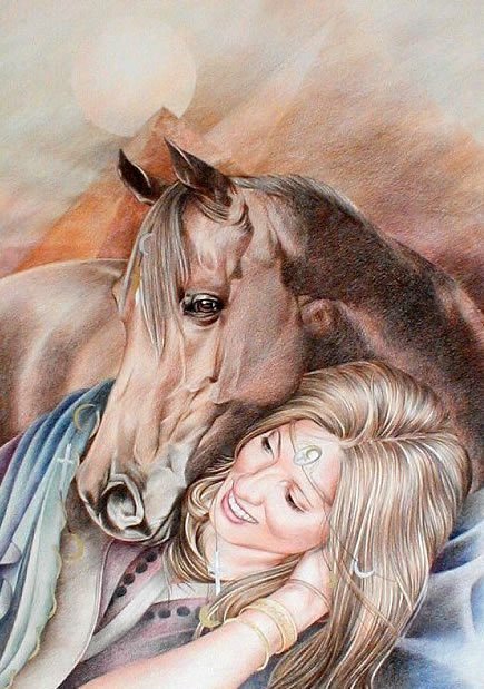 девушка с лошадью - лошади, девушка, животные, картины, женские образы - оригинал