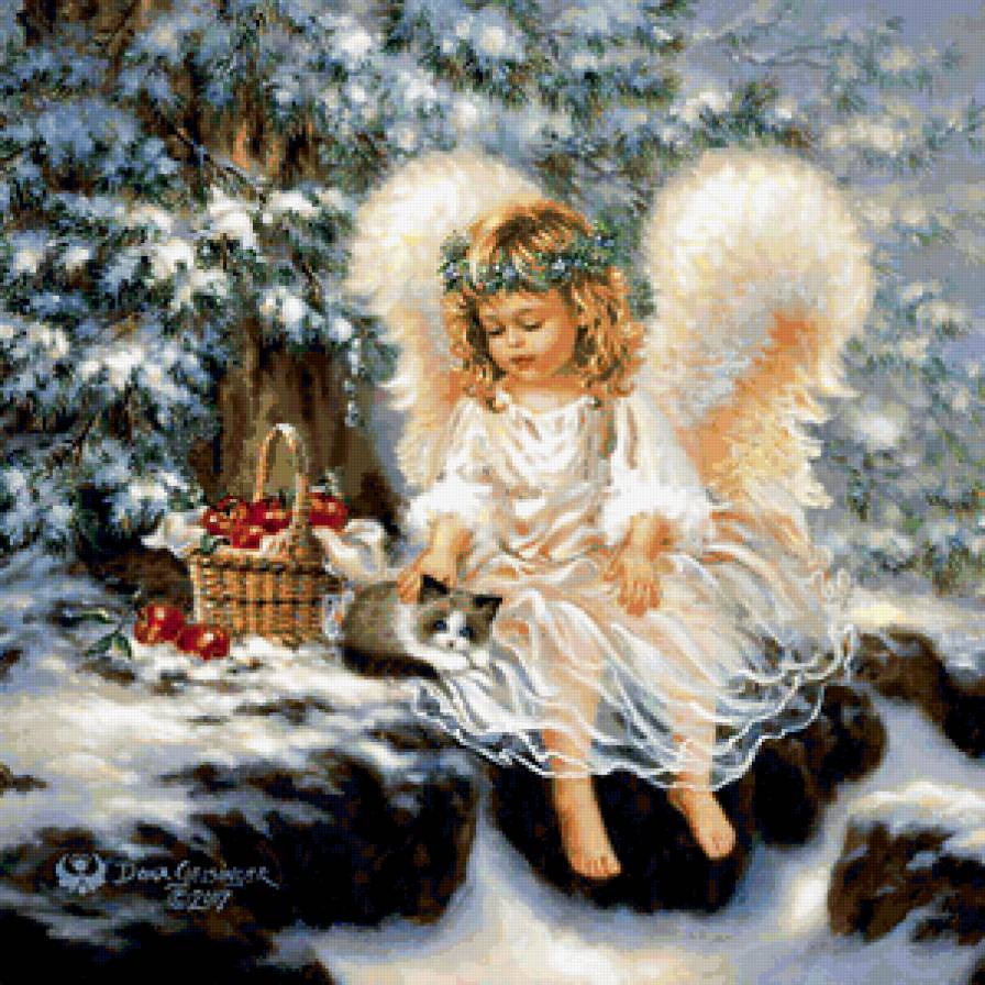 АНГЕЛОЧЕК С КОШКОЙ - ангел, рождество, зима, лес, елка, новый год, праздники, кошка - предпросмотр