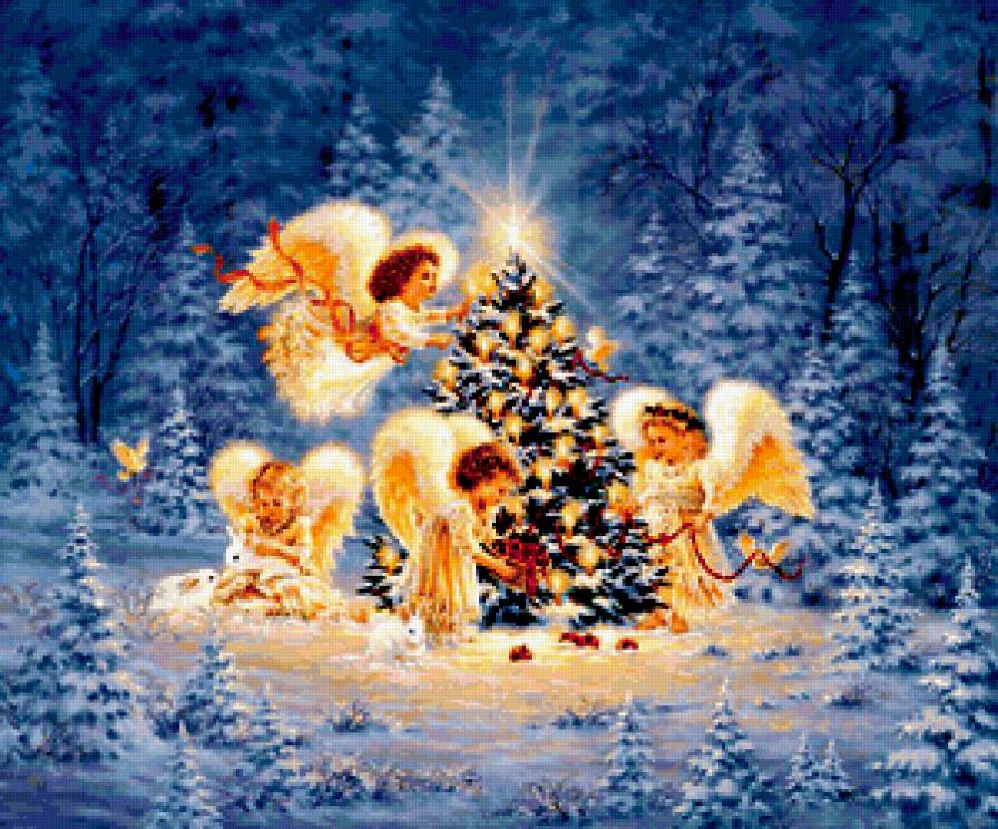 АНГЕЛЫ У ЕЛКИ - зима, ночь, новый год, ангел, елка, праздники, рождество - предпросмотр